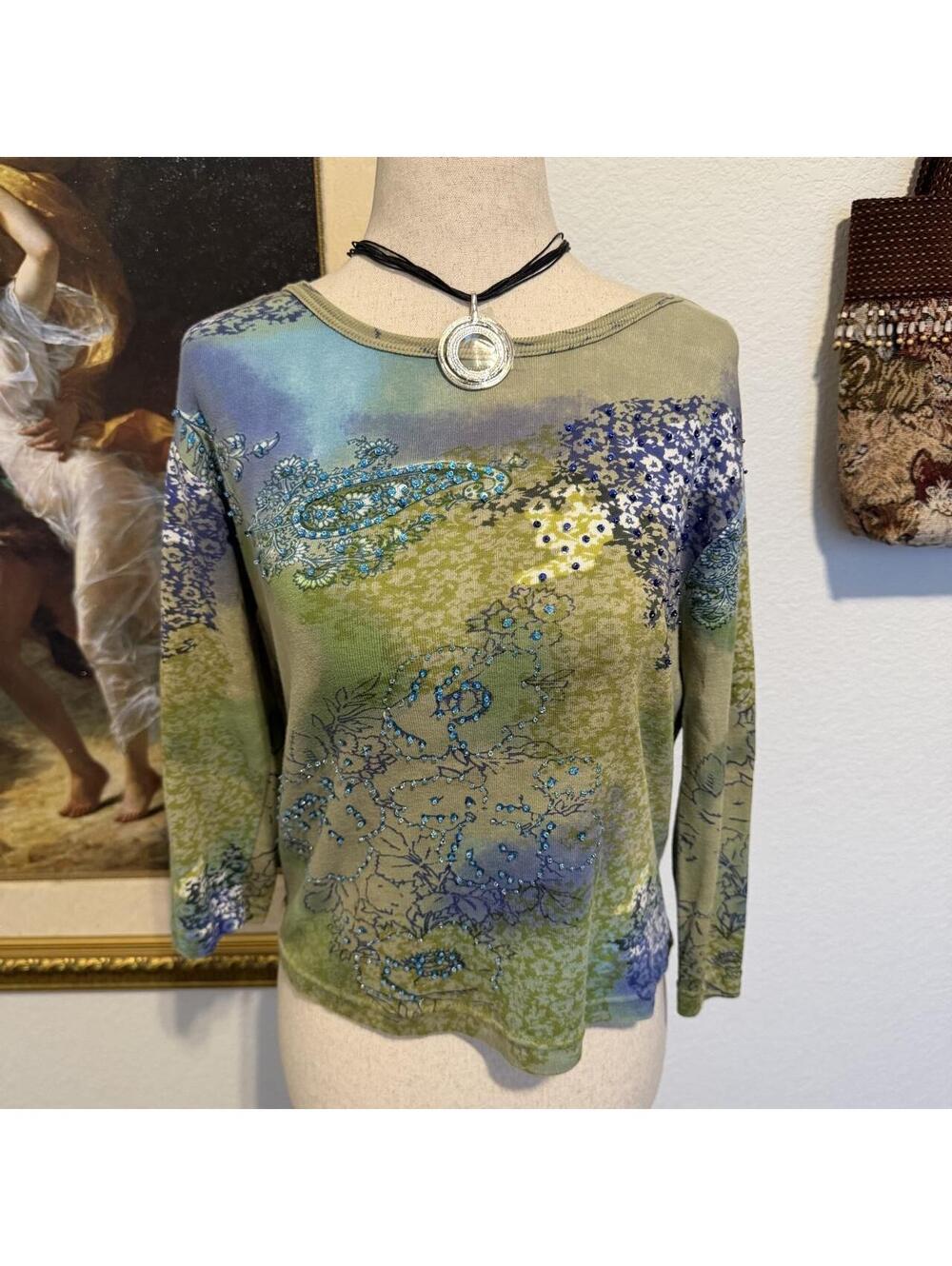 Y2K Beaded Graphic Floral 3/4 Length Sleeved Top